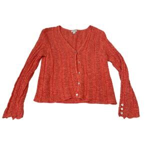 Sundance Leanna Pointelle Open Knit Cardigan Coral Orange Size Large Grandma